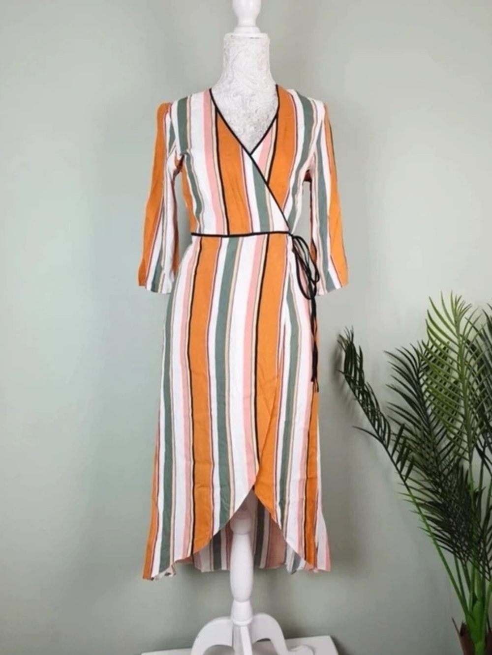 Striped Wrap Maxi Dress in Mustard, Pink & Green